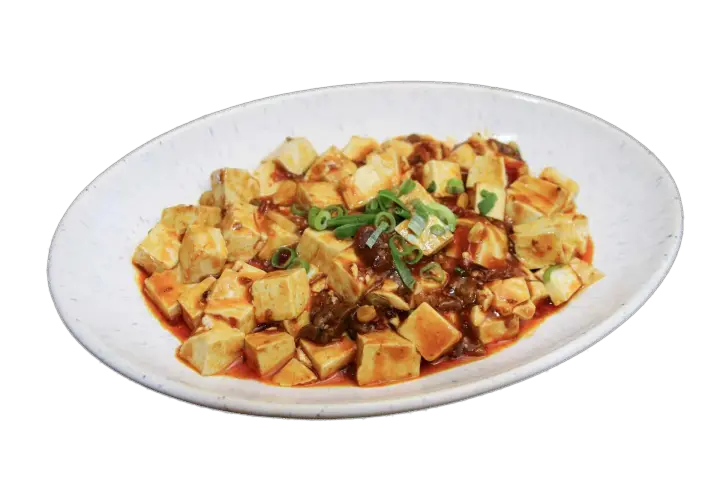 Mapo tofu with minced meat, Sichuan pepper, chili oil, and spring onion.