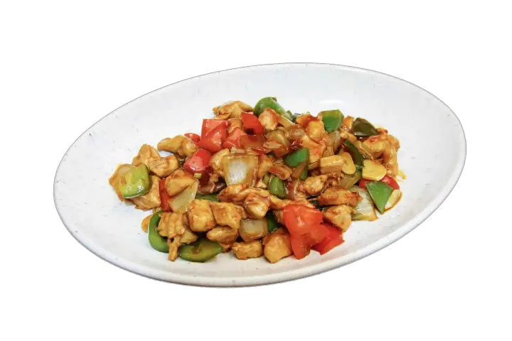 Sichuan-style Kung Pao chicken with chili, peanuts, vegetables, and glossy sauce.