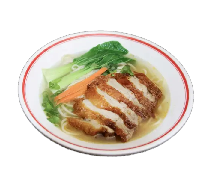 Crispy duck noodle soup with sliced duck, noodles, greens, herbs, and vegetables.